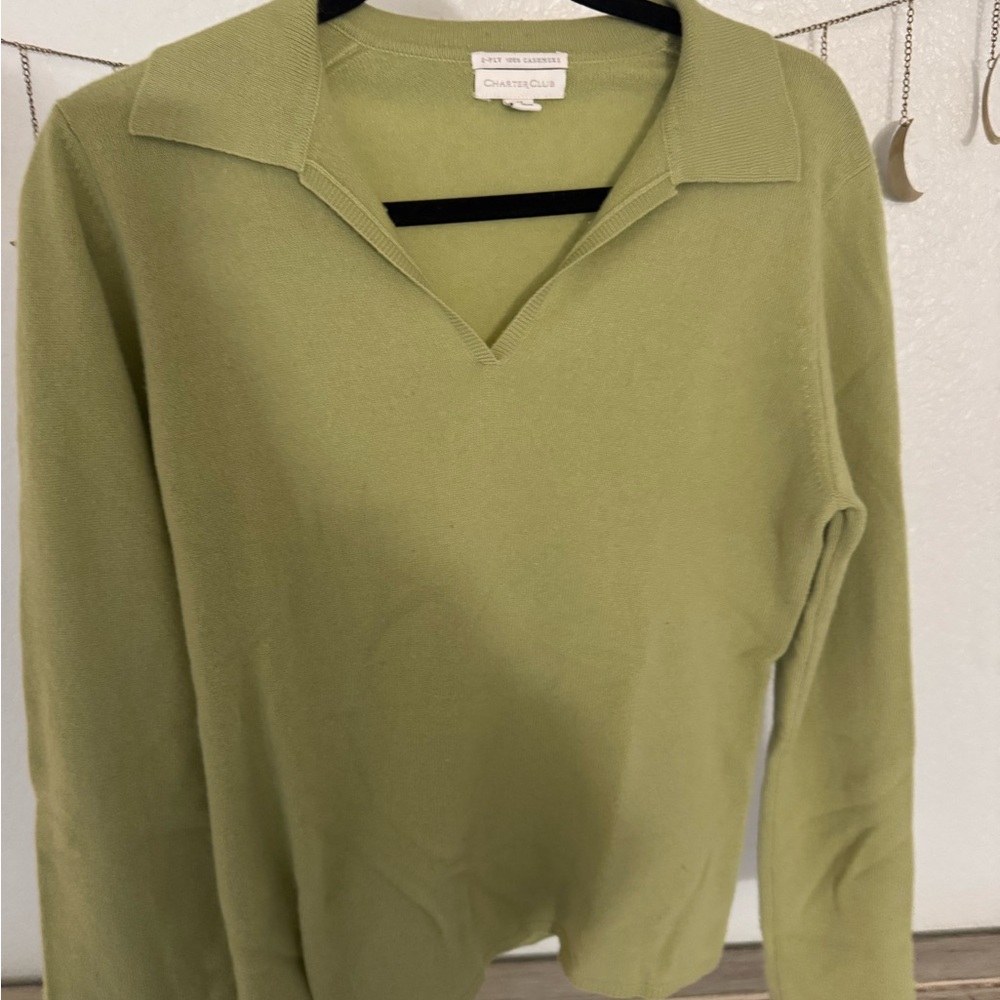 100% CASHMERE  SAGE GREEN POLO COLLARED V NECK MEDIUM 4.99 Shp